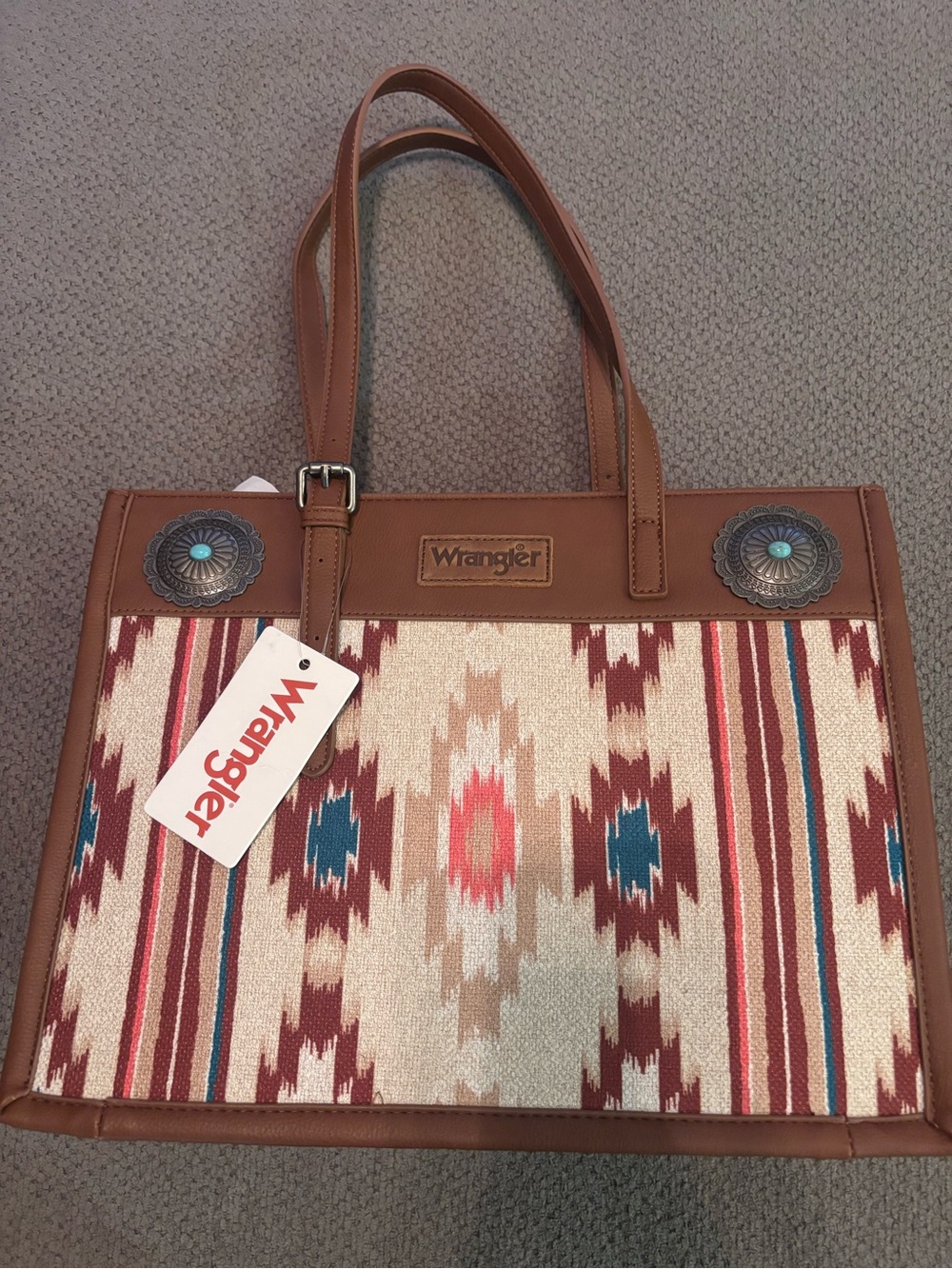 Wrangler Tan Leather-Trim Tote with Multicolor Aztec Panel